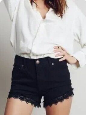 Free People Size 30 High Rise Black Lacy Cutoff Denim Jean Shorts Crochet Lace